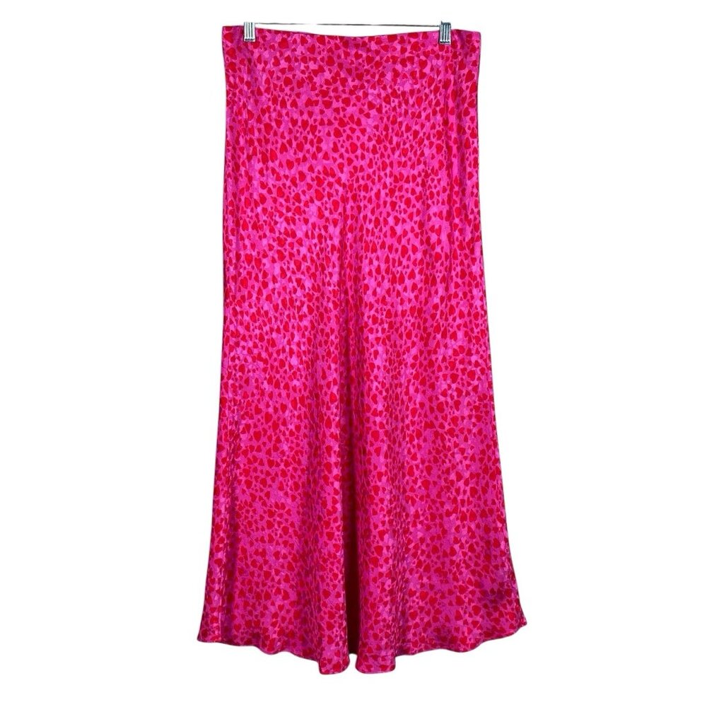 Loft Bias Midi Skirt Size M Pink Red All Over Heart Print Y2K 90s Flowy Romantic - Picture 3 of 13